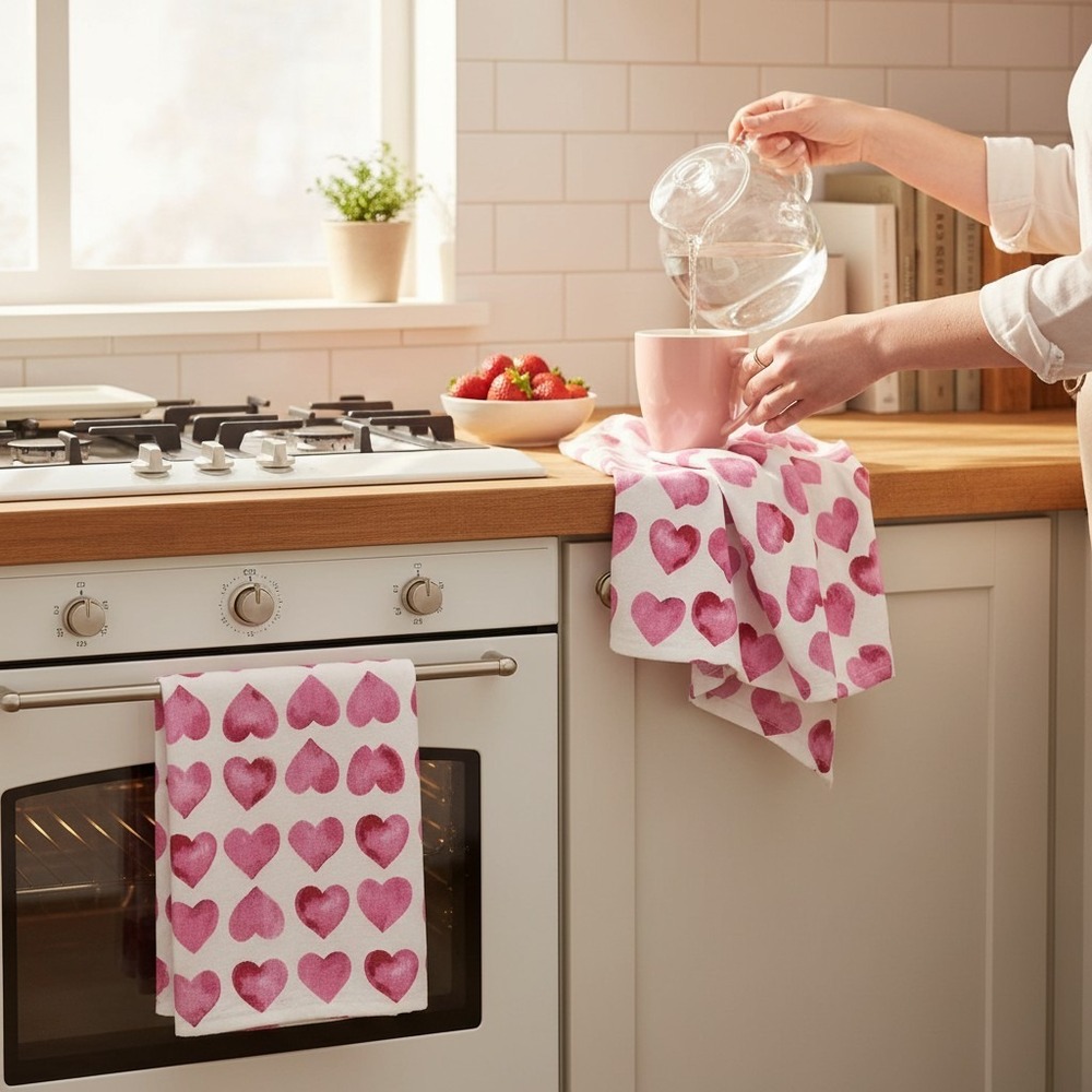 Casaba Kitchen Towel Set Unisex 18x28 Pink Brand New Heart Print Cotton 2pk